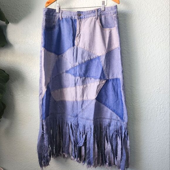 XPLUSWEAR distressed patchwork denim midi skirt - Picture 1 of 11